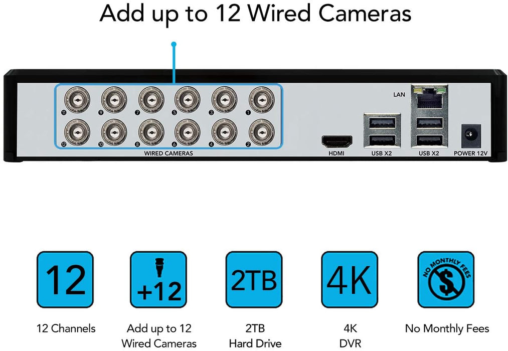 Night Owl Expandable 12 Channel Wired DVR with (6) 4K Ultra HD Wired Spotlight Cameras and 2TB Hard Drive