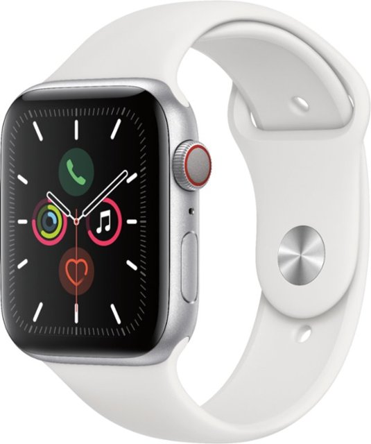 Apple Watch Series 5 (GPS + Cellular) 44mm Silver Aluminum Case with White Sport Band - Silver Aluminum