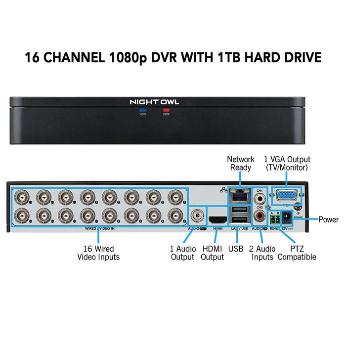 Night Owl Expandable 16 Channel Wired DVR with (10) 1080p HD Wired Spotlight Cameras and 1TB Hard Drive