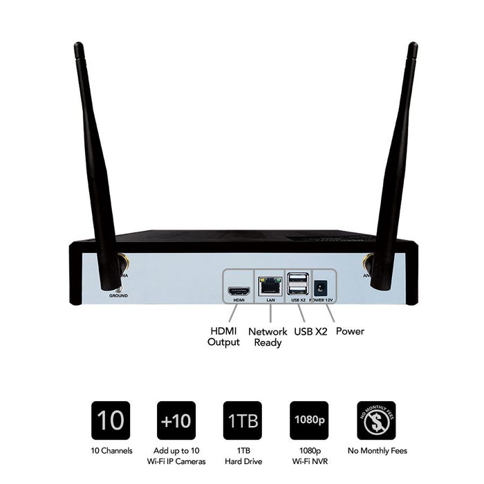 10 Channel 1080p Smart Security System with 1TB Hard Drive and 8 1080p Wi-Fi IP Spotlight Cameras