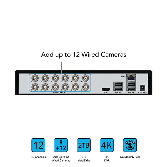 12 Channel 4K Wired Security System with 2TB Hard Drive and (10) 4K Wired Spotlight Cameras