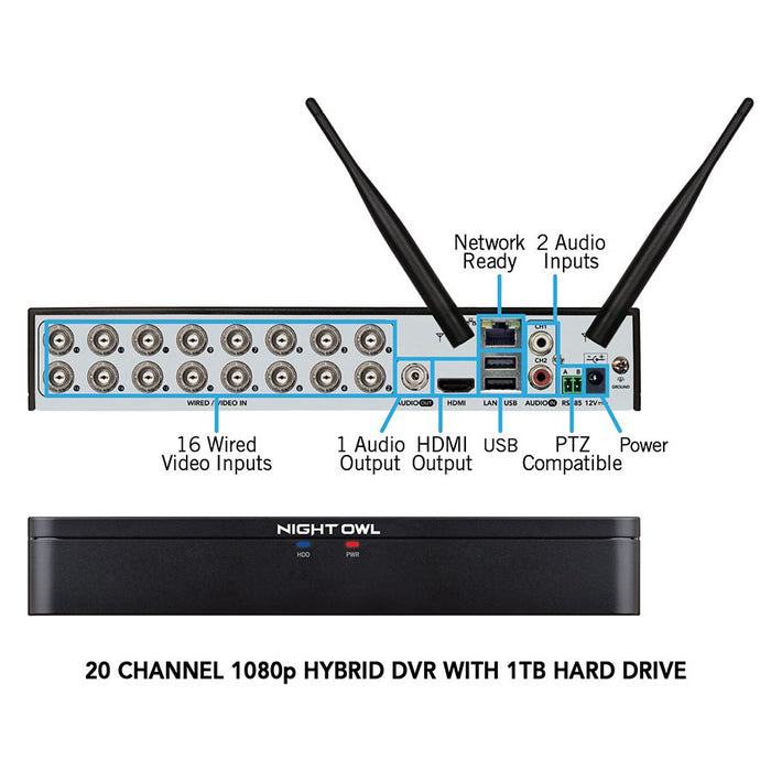 Expandable 20 Channel Hybrid DVR with 1TB Hard Drive and 10 Wired Spotlight Cameras (Add up to a Total of 16 Wired Cameras and 4 Wireless Devices)
